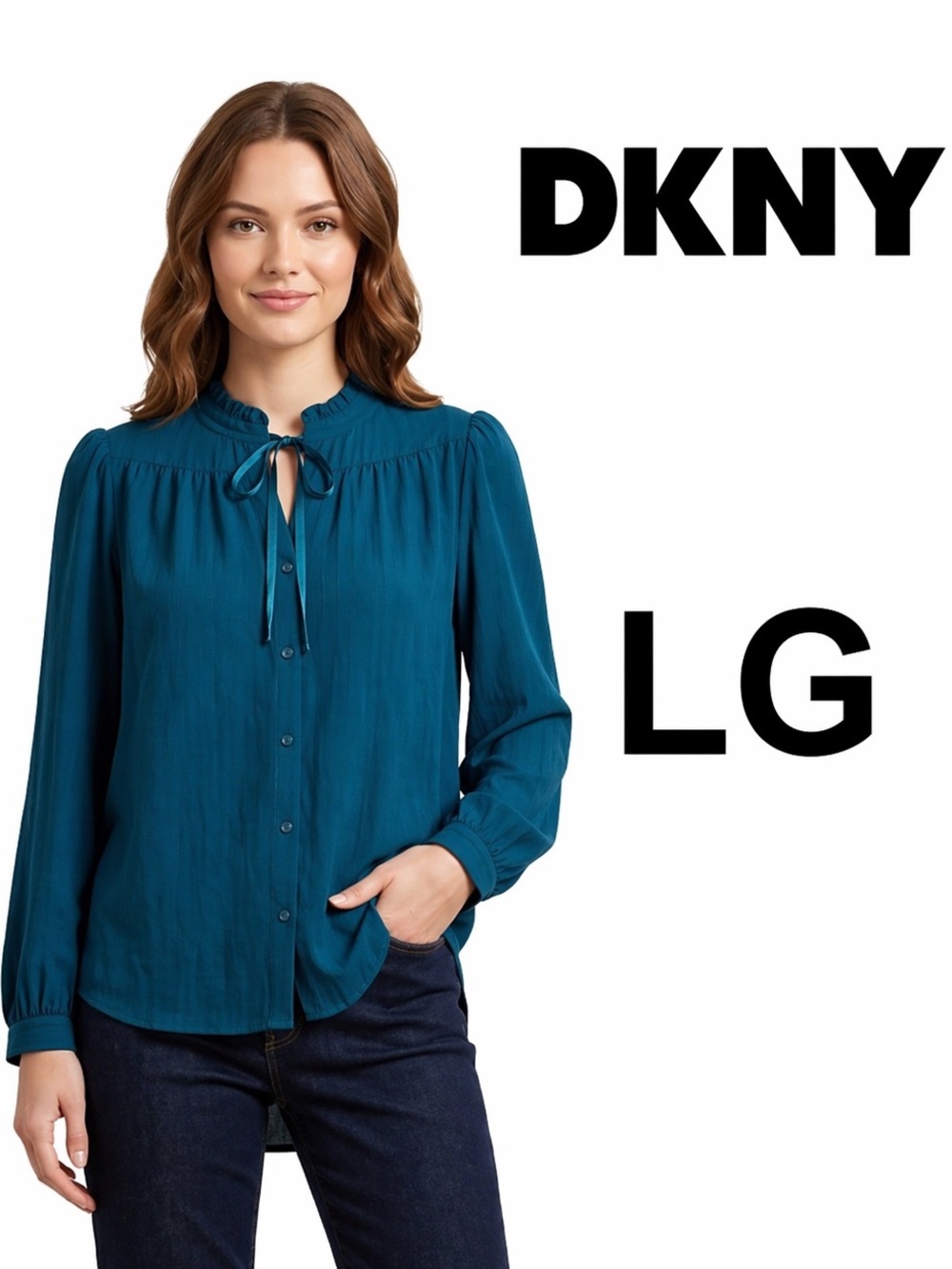 DKNY Teal Tie-Neck Button-Up Blouse